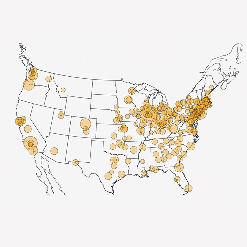 Map of the United States showing a circle graph of the number of Adventist congregations in US cities in 1926.