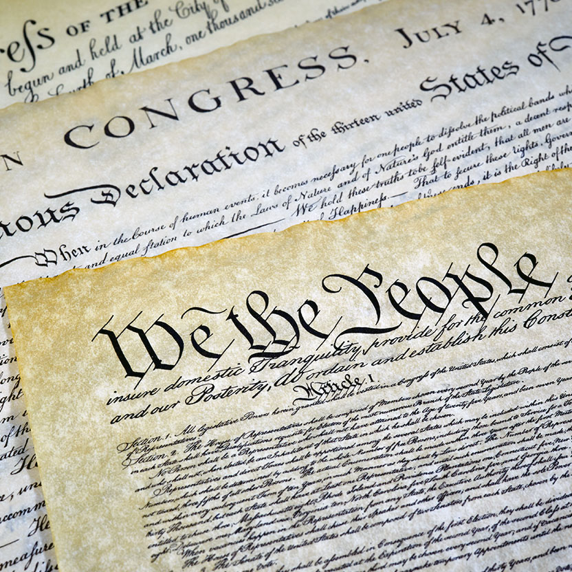 A photograph of the Declaration of Independence.